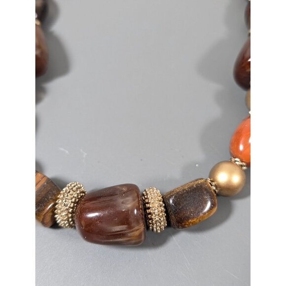 Brown Tigers Eye STone Bead Chunky Statement Necklace Gold Tone Matte 22" - Picture 3 of 8